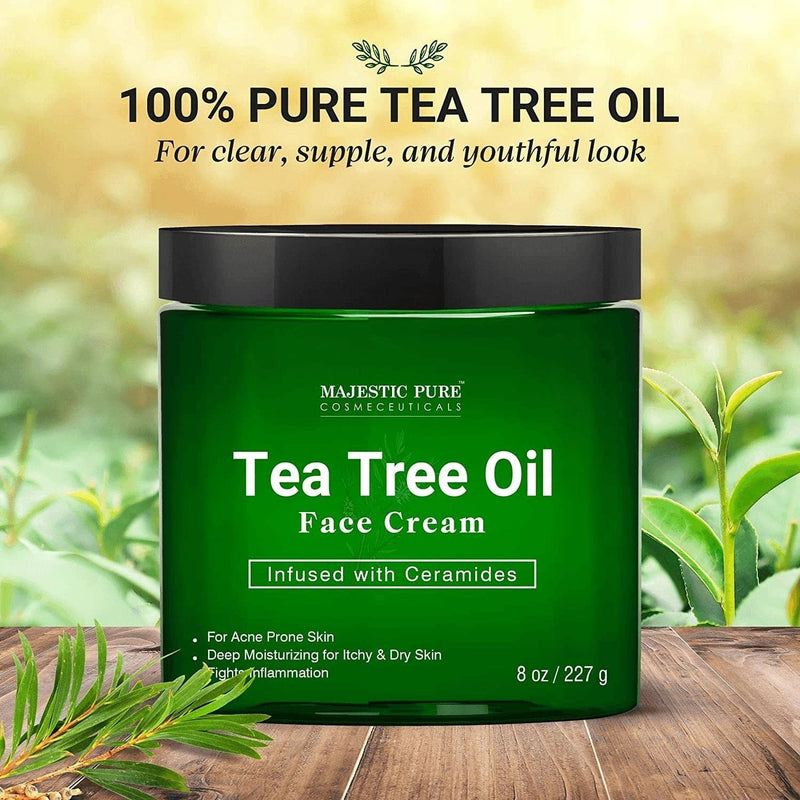 Tea Tree Oil Face Cream by Majestic Pure - Therapeutic Grade, Acne Scar Remover and Pimple Cream, Infused with Ceramides, Fights Acne and Soothes Acne Scars, Face Moisturizer, 8 Oz - Premium  from MAJESTIC PURE - Just $27.37! Shop now at Handbags Specialist Headquarter