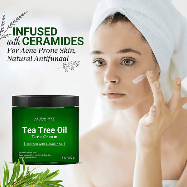 Tea Tree Oil Face Cream by Majestic Pure - Therapeutic Grade, Acne Scar Remover and Pimple Cream, Infused with Ceramides, Fights Acne and Soothes Acne Scars, Face Moisturizer, 8 Oz - Premium  from MAJESTIC PURE - Just $27.37! Shop now at Handbags Specialist Headquarter