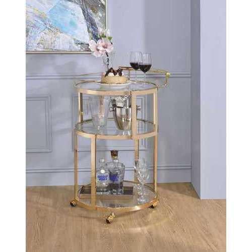 Three Tier Metal Serving Cart with Glass Inserted Shelves and Curved Side Handle, Gold and Clear - Premium Carts from HomeRoots - Just $386.0! Shop now at Handbags Specialist Headquarter
