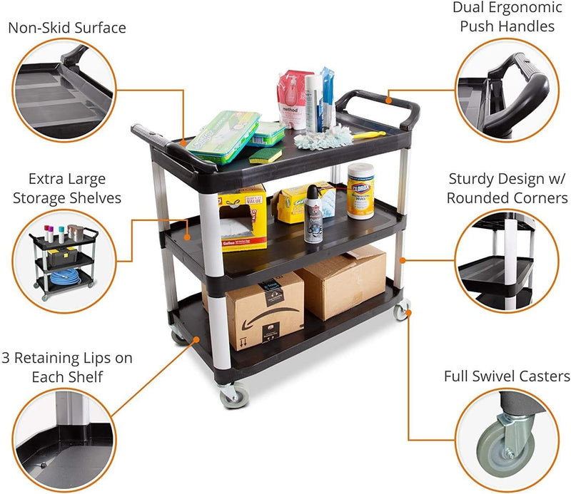 Tubstr Large Service Cart with Three Shelves | Dual Handles & Rolling Casters | Supports up to 300 lbs. | Utility Cart for Restaurants, Warehouses, Healthcare, Schools & More! (Black / 40.25 x 19.75) - Premium 5298299011 from Amazon US - Just $279.65! Shop now at Handbags Specialist Headquarter