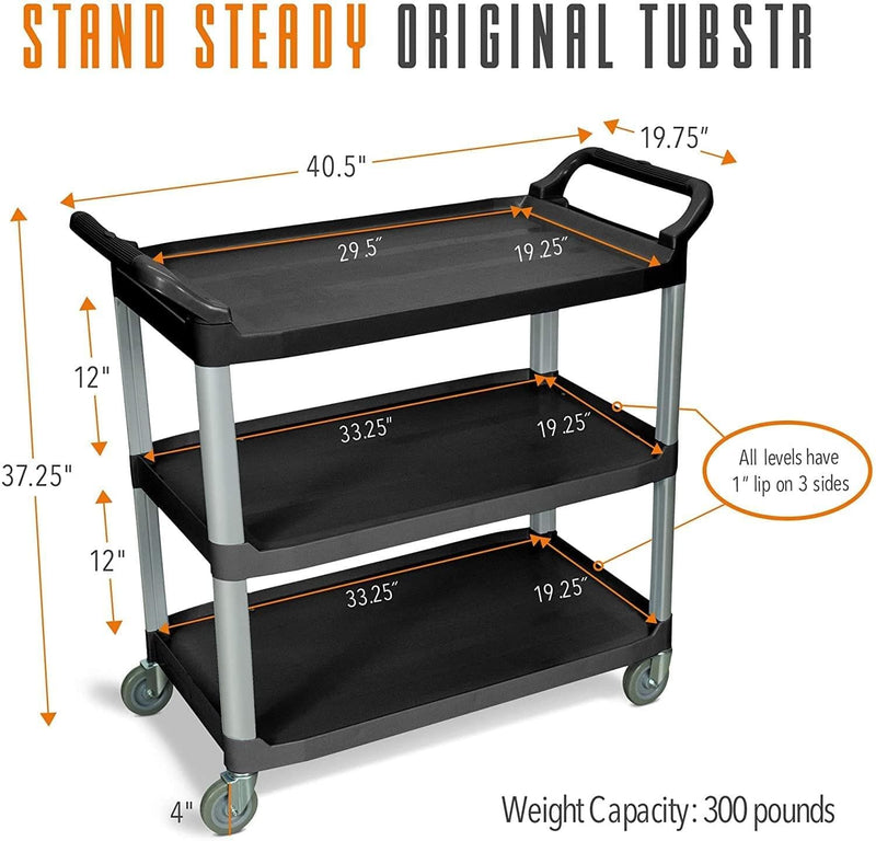 Tubstr Large Service Cart with Three Shelves | Dual Handles & Rolling Casters | Supports up to 300 lbs. | Utility Cart for Restaurants, Warehouses, Healthcare, Schools & More! (Black / 40.25 x 19.75) - Premium 5298299011 from Amazon US - Just $279.65! Shop now at Handbags Specialist Headquarter