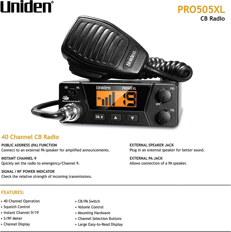 Uniden PRO505XL 40-Channel CB Radio. Pro-Series, Compact Design. Public Address (PA) Function. Instant Emergency Channel 9, External Speaker Jack, Large Easy to Read Display. - Black - Premium CB RADIOS from Visit the Uniden Store - Just $57.99! Shop now at Handbags Specialist Headquarter