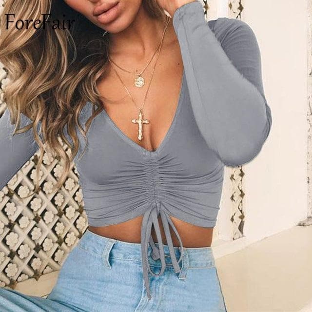 V Neck Sexy Long Sleeve Women Ruched Lace Up Casual Tee Shirt Black - Premium Women's T Shirt from eprolo - Just $17.78! Shop now at Handbags Specialist Headquarter