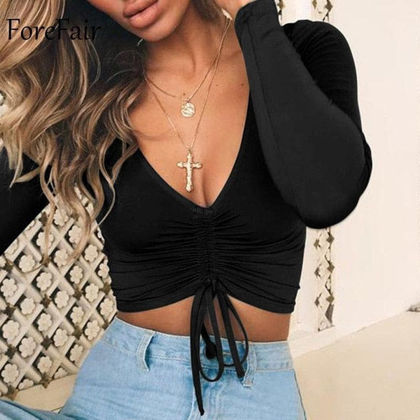 V Neck Sexy Long Sleeve Women Ruched Lace Up Casual Tee Shirt Black - Premium Women's T Shirt from eprolo - Just $17.78! Shop now at Handbags Specialist Headquarter