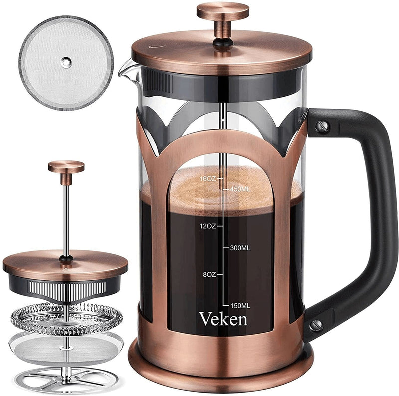Veken French Press Coffee & Tea Maker, 304 Stainless Steel Heat Resistant  Borosilicate Glass Coffee Press, Durable Easy Clean 100% BPA Free, 21Oz,  Copper
