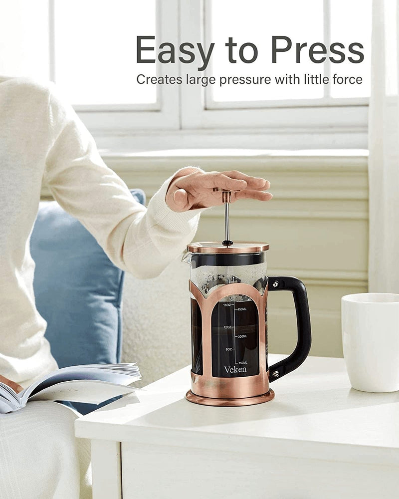 Veken French Press Coffee & Tea Maker, 304 Stainless Steel Heat Resistant Borosilicate Glass Coffee Press, Durable Easy Clean 100% BPA Free, 21Oz, Copper - Premium  from Veken - Just $247.85! Shop now at Handbags Specialist Headquarter