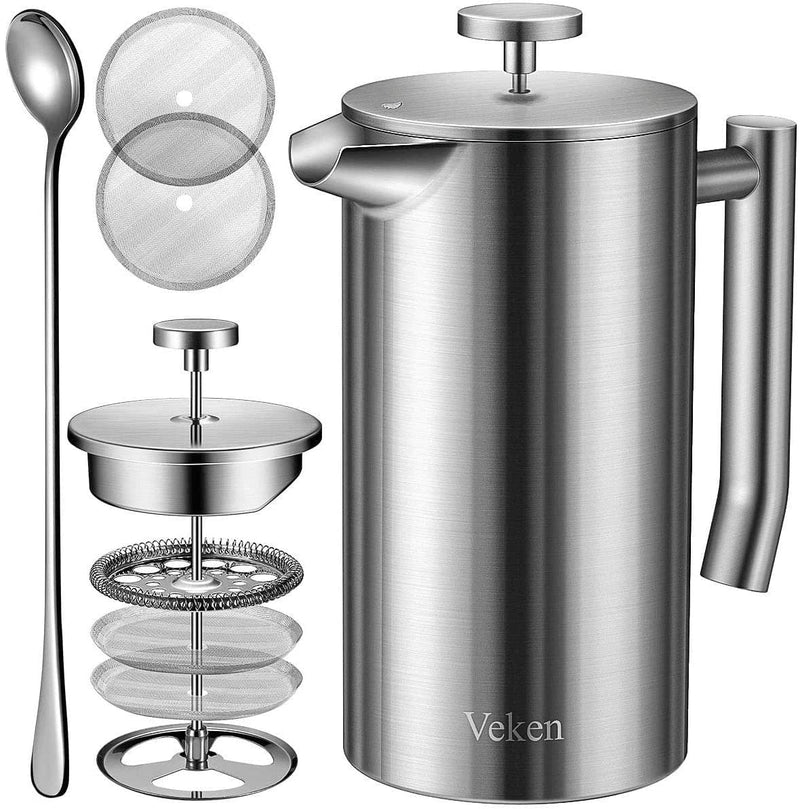 Veken French Press Coffee Tea Maker 34Oz, 304 Stainless Steel Insulated Coffee Press with 4 Filter Screens Milk Frother, Rust-Free, Dishwasher Safe, Silver - Premium  from Veken - Just $224.81! Shop now at Handbags Specialist Headquarter