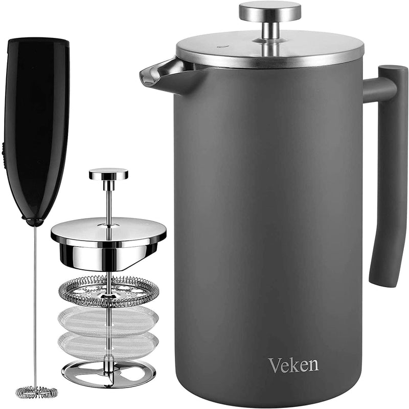 Veken French Press Coffee Tea Maker 34Oz, 304 Stainless Steel Insulated Coffee Press with 4 Filter Screens Milk Frother, Rust-Free, Dishwasher Safe, Silver - Premium  from Veken - Just $224.81! Shop now at Handbags Specialist Headquarter