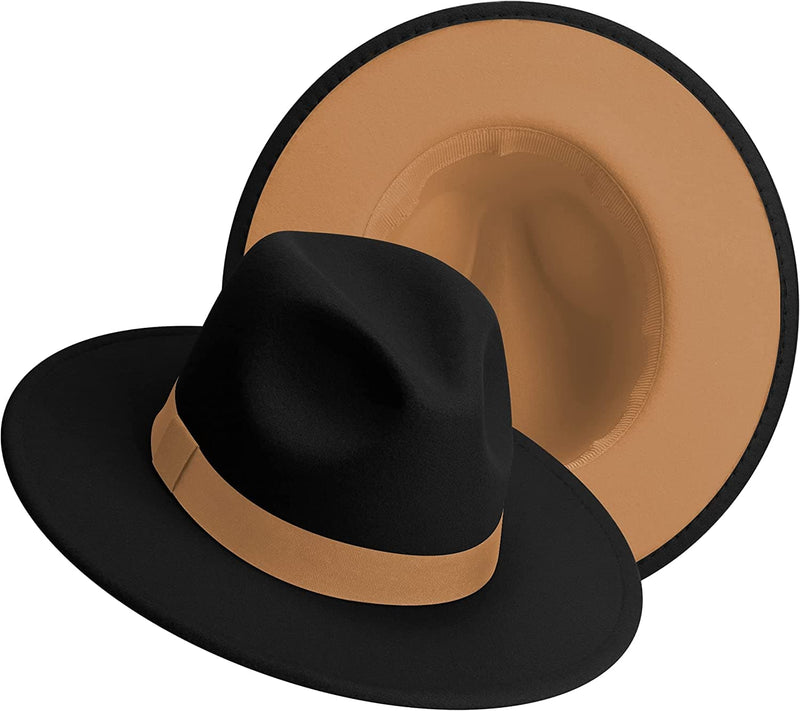 Wide Brim Fedora Hats for Women Men Two Tone Dress Hat Felt Panama Hat in Two Audlt Size - Handbags Specialist Headquarter