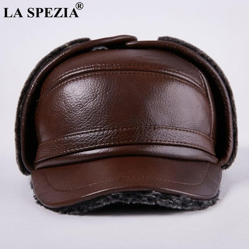 Winter Bomber Hat Men Russian Brown Leather Ushanka Cap With Ear Flaps Fur Warm Genuine Cow Leather Brand Baseball Cap - Premium Men caps from eprolo - Just $58.99! Shop now at Handbags Specialist Headquarter