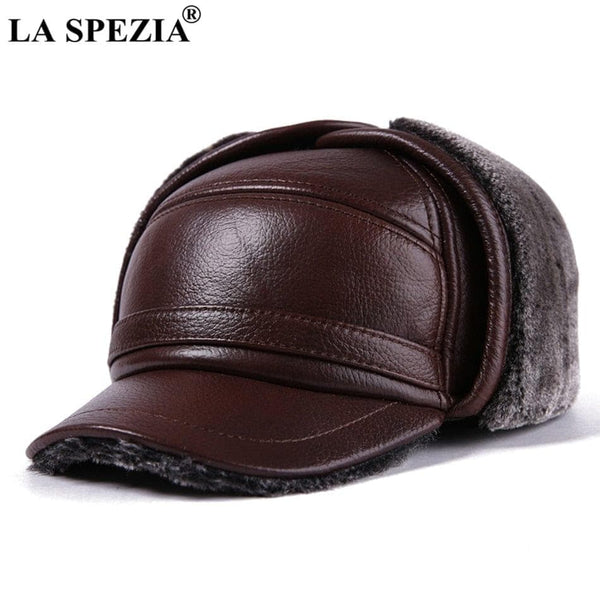 Winter Bomber Hat Men Russian Brown Leather Ushanka Cap With Ear Flaps Fur Warm Genuine Cow Leather Brand Baseball Cap - Premium Men caps from eprolo - Just $58.99! Shop now at Handbags Specialist Headquarter