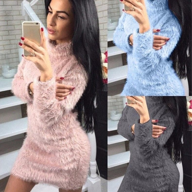 Winter Plush Warm Sweater Dress Women Long Sleeve Turtleneck Dresses Party Bodycon Mini Dress Bandage Knitted Vestidos Female - Premium Dresses from eprolo - Just $18.58! Shop now at Handbags Specialist Headquarter