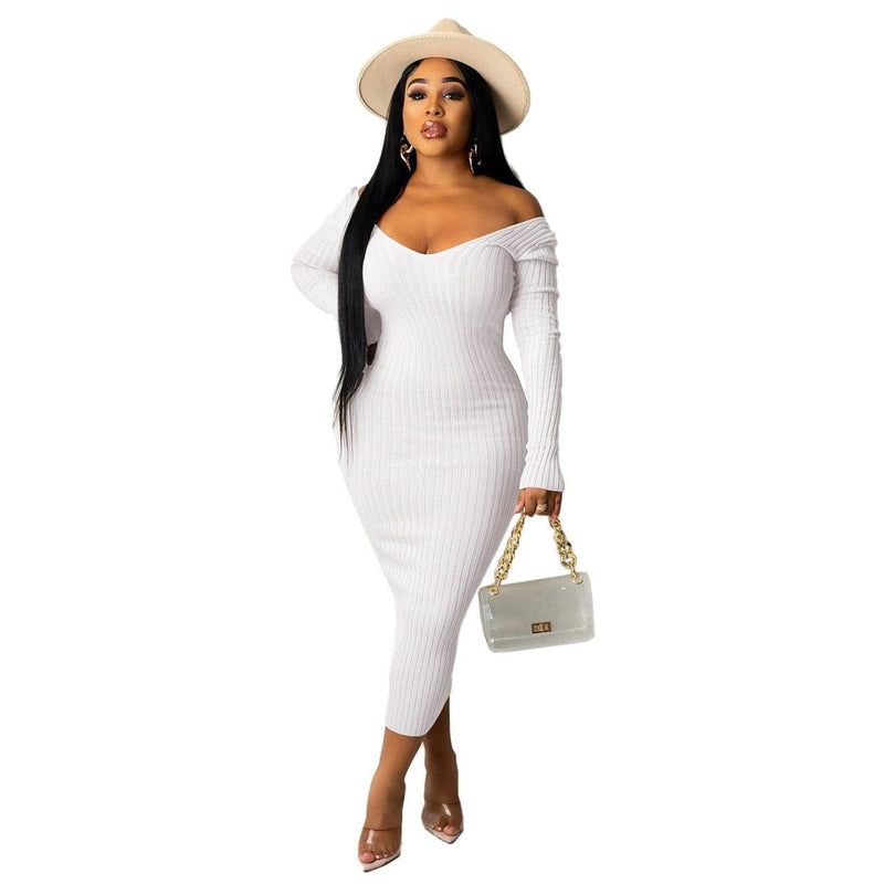 Women Autumn Solid Ribbed Maxi Knitted Dress V Neck Sexy Slim Elastic Basic Long Bodycon Dress Winter Off Shoulder White Dresses - Handbags Specialist Headquarter