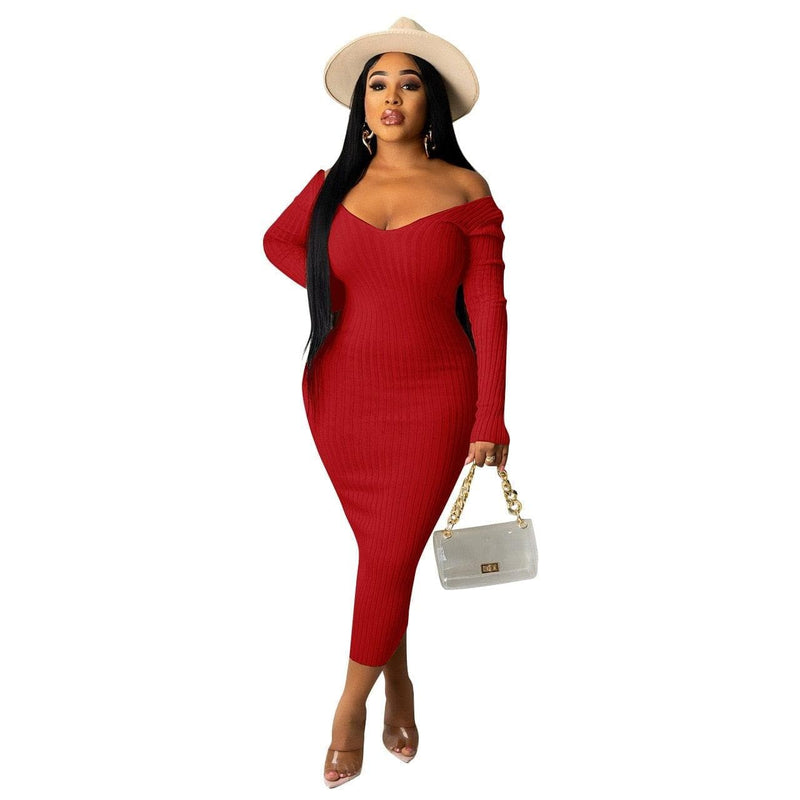 Women Autumn Solid Ribbed Maxi Knitted Dress V Neck Sexy Slim Elastic Basic Long Bodycon Dress Winter Off Shoulder White Dresses - Handbags Specialist Headquarter