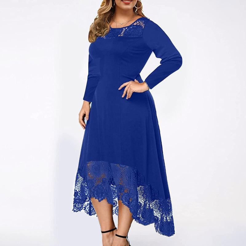 Women Beach Plus Size Solid Lace Round Neck Dress Long Sleeve Irregular Lace Stitching Long Dress x627 - Premium Womens dress from Brand: Swibikni - Just $27.99! Shop now at Handbags Specialist Headquarter