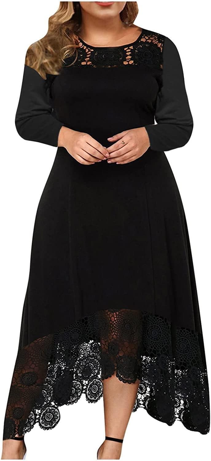 Women Beach Plus Size Solid Lace Round Neck Dress Long Sleeve Irregular Lace Stitching Long Dress x627 - Premium Womens dress from Brand: Swibikni - Just $27.99! Shop now at Handbags Specialist Headquarter