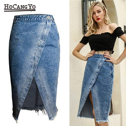 Women Midi Skirts High Waist Large Size Cotton Jeans Skirt Women Casual Tassels Washed Denim Skirts Sexy Split MIDI Skirt - Premium Women jeans from eprolo - Just $43.48! Shop now at Handbags Specialist Headquarter