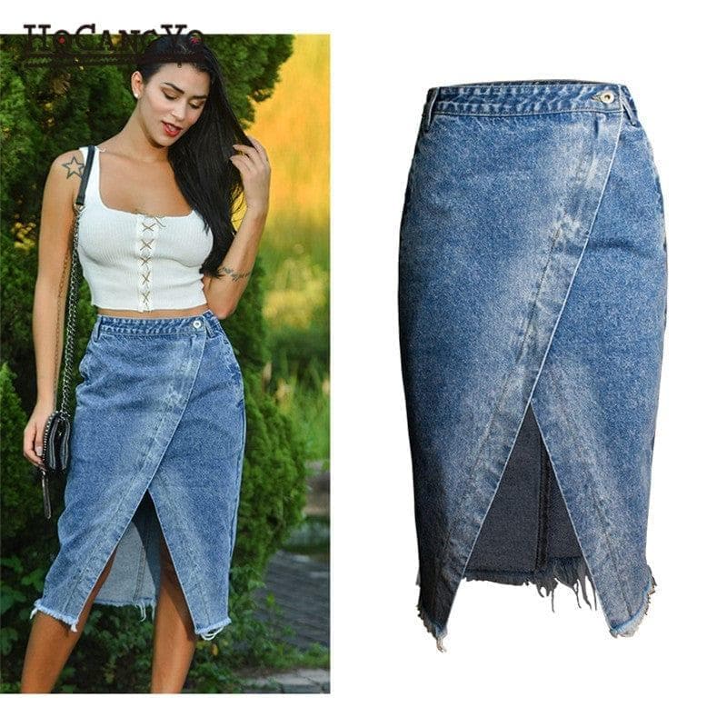 Women Midi Skirts High Waist Large Size Cotton Jeans Skirt Women Casual Tassels Washed Denim Skirts Sexy Split MIDI Skirt - Premium Women jeans from eprolo - Just $43.48! Shop now at Handbags Specialist Headquarter