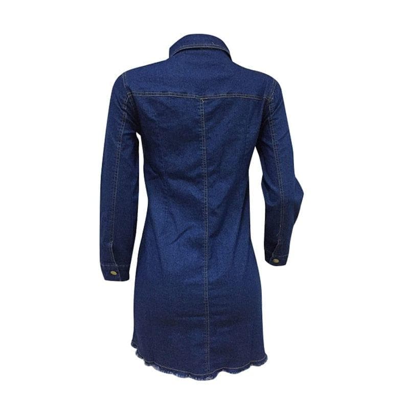 Women Sexy Holes Jeans Dress Buttons Up Turn Down Collar Long Sleeve Denim Mini Night Club Party Dresses - Premium Women jeans from eprolo - Just $40.56! Shop now at Handbags Specialist Headquarter