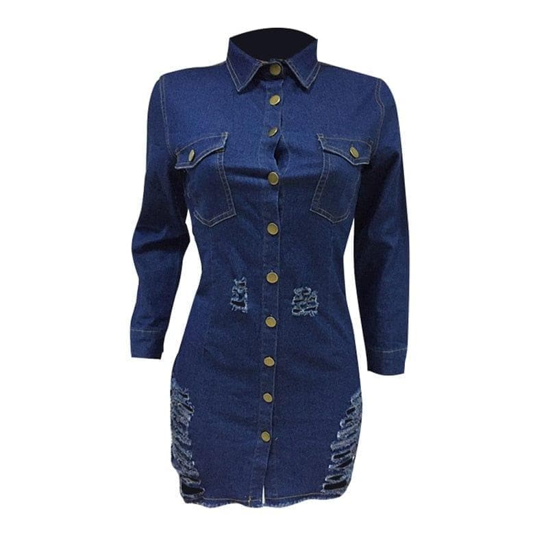 Women Sexy Holes Jeans Dress Buttons Up Turn Down Collar Long Sleeve Denim Mini Night Club Party Dresses - Premium Women jeans from eprolo - Just $40.56! Shop now at Handbags Specialist Headquarter