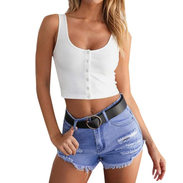 Women Short Sleeve Crop Top Button Vest Halter Casual White Tank Tops Blouse Short Shirt With Gothic Style - Premium Women's T Shirt from eprolo - Just $14.86! Shop now at Handbags Specialist Headquarter