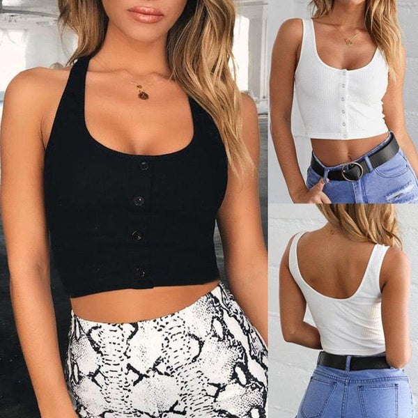 Women Short Sleeve Crop Top Button Vest Halter Casual White Tank Tops Blouse Short Shirt With Gothic Style - Premium Women's T Shirt from eprolo - Just $14.86! Shop now at Handbags Specialist Headquarter