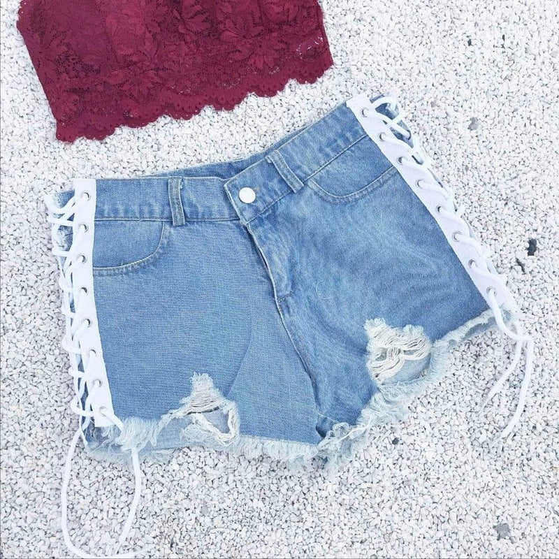 Women's Sexy High Waist Hole Bandage Cut Off Denim Jeans Shorts White Black Blue - Premium Women jeans from eprolo - Just $29.99! Shop now at Handbags Specialist Headquarter